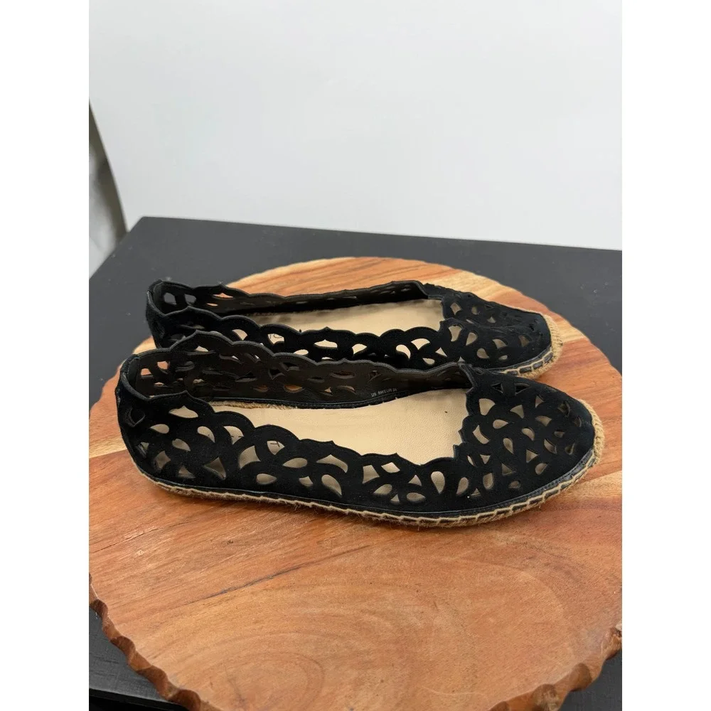 Via Spiga Espadrille Flats Womens 8 Black Laser Cut‎ Suede Scalloped